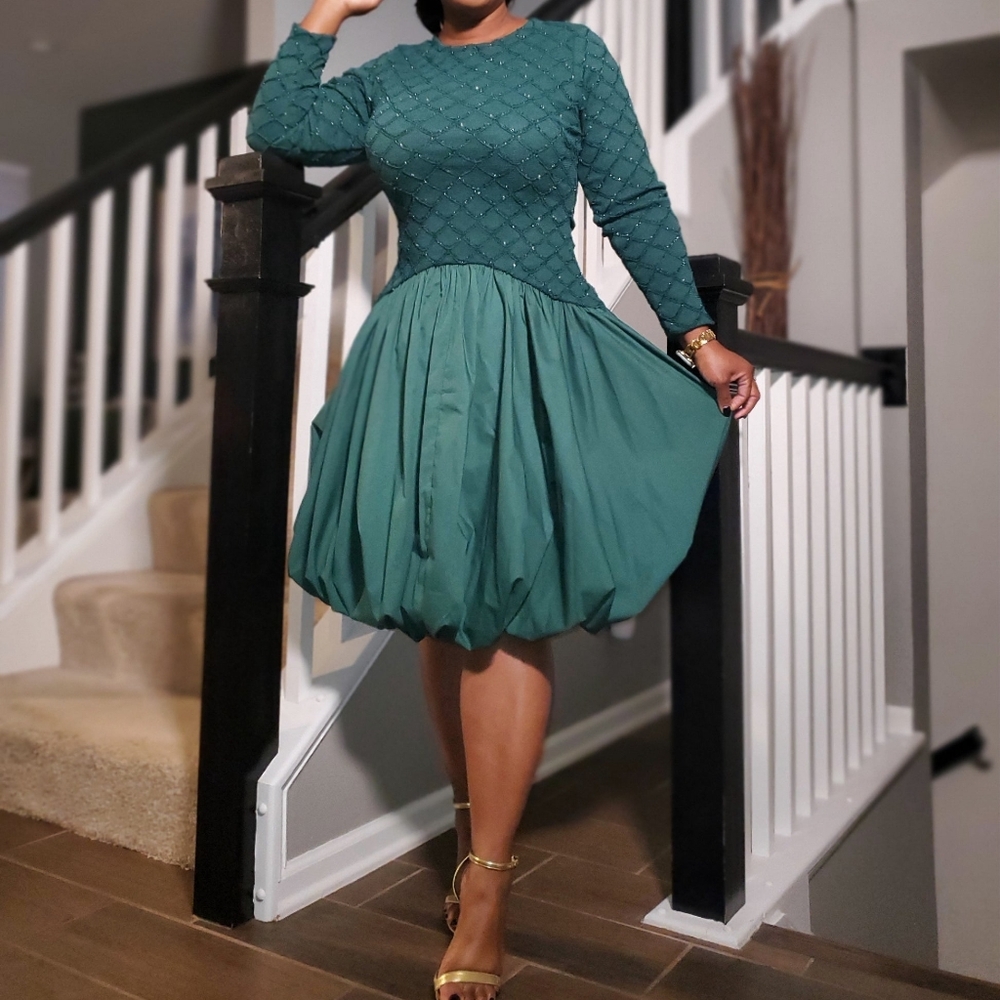 Green Quilted Drop-Waist Bubble Hem Dress
